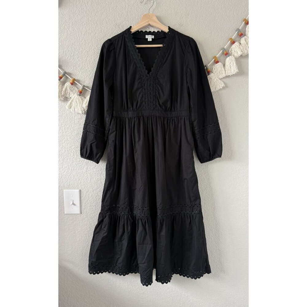 J. Crew Eyelet Trim Cotton Poplin Midi Dress Black Whimsical Feminine Boho XS